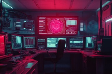 Futuristic control room with multiple screens displaying ai interfaces and data analytics