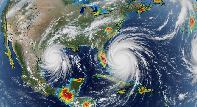A powerful satellite view of two massive hurricanes churning in the Atlantic Ocean, impacting the eastern coast of North America with their swirling cloud formations. - Powered by Adobe