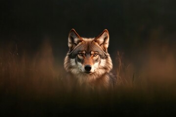 Fototapeta premium Lone wolf in misty grassland at dusk with intense stare