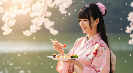 Fototapeta premium Young Japanese Woman in Kimono Enjoys Fresh Sushi Amidst Blooming Cherry Blossoms