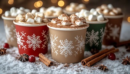 Fototapeta premium Cozy christmas scene featuring cups of hot chocolate with marshmallows and festive decorations