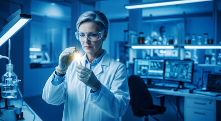 Female research scientist in a futuristic laboratory analyzing a glowing specimen, a concept for innovation in medical technology.