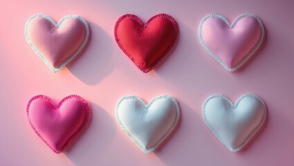 Obraz premium Colorful heart-shaped plush toys arranged on a pink background.