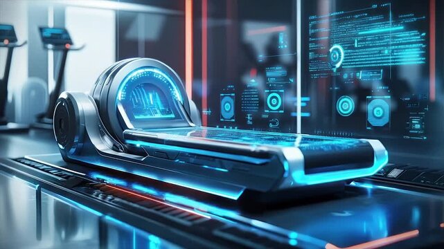 Futuristic medical treadmill with digital interface displays vital signs during workout