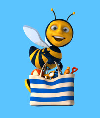 Fun 3D cartoon bee with a beach bag