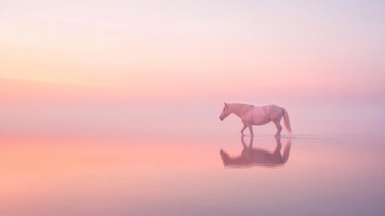 Majestic horse walking through tranquil shallow water at sunrise