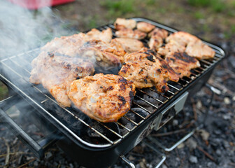 Close-up of juicy grilled chicken thighs cooking on a portable charcoal barbecue outdoors. Summer...
