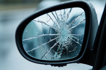 Cracked Car Side Mirror with White Background