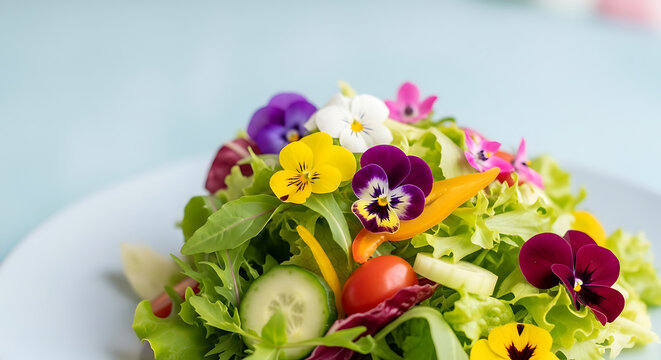 A vibrant edible flower salad with mixed greens, cherry tomatoes, cucumbers, and colorful pansies on a light blue plate, perfect for a fresh and gourmet meal.