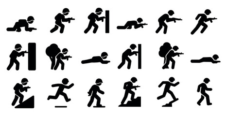 Military tactics silhouette icons set – solid, filled, strategy and combat symbols