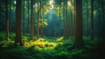 Obraz premium Sunlight filtering through the trees in a lush green forest scene.