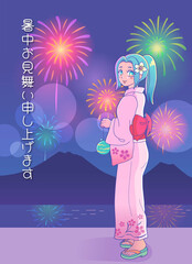浴衣の女の子と夏の花火 &ndash; Yukata Girl with Summer Fireworks &ndash; Japanese Seasonal Greeting Illustration＿2