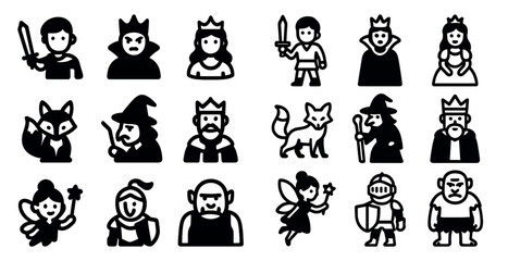 Obraz premium Fairy tale and medieval silhouette icons set – solid, filled, fantasy characters