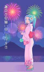 浴衣の女の子と夏の花火 &ndash; Yukata Girl with Summer Fireworks &ndash; Japanese Seasonal Greeting Illustration