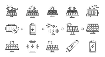 Solar energy, solar battery, Set of line icons in linear style, Photovoltaic converter of solar energy into electric current. Renewable energy, Outline icon collection. Conceptual pictogram
