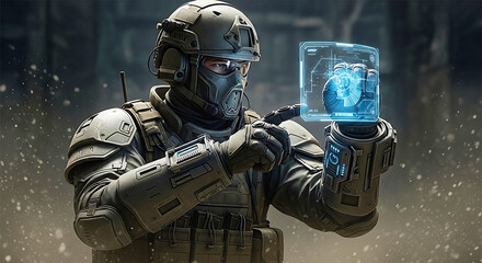 Soldier interacting with futuristic holographic display technology