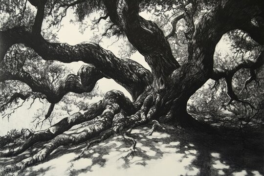 Under the gentle shade of oak trees, each person sketches gnarled roots and winding branches, paralleling their own inner growth process. 