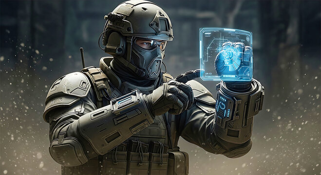 Soldier interacting with futuristic holographic display technology