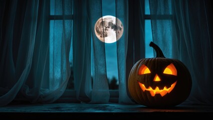 A spooky Halloween scene with a glowing jack-o'-lantern pumpkin in front of curtains, a full moon visible outside, and a dark night background.