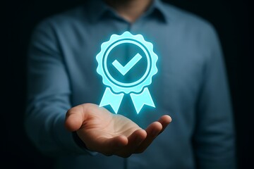 Glowing badge award with checkmark held in open palm