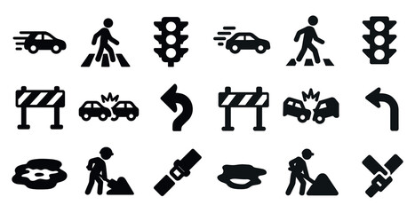 Traffic and safety icons set – solid, filled, road and construction symbols