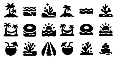 Fototapeta premium Tropical silhouette icons set – filled, solid, beach and island symbols for design