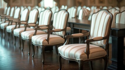 A row of elegant upholstered chairs with armrests arranged in a formal setting, likely a conference room or meeting hall.