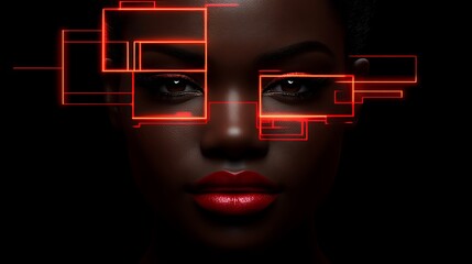 Close-up of a woman's face with glowing red digital lines.