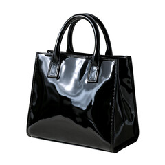 Fototapeta premium Elegant black patent leather handbag with glossy finish and sturdy handles.