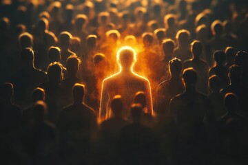 Obraz premium Unique Glowing Figure Among Crowd Symbolizing Confidence