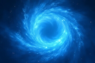 Abstract blue vortex with swirling energy and glowing particles in a dark space background with stars