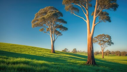 Three tall trees standing on lush green grass with a bright blue sky in the background.