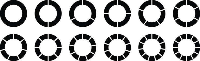 Circle divides on 1 to 9 equal parts. Wheel round diagram part symbol. Infographic element round shape, Circle semicircle quarter shapes. Black segmented circle set. 