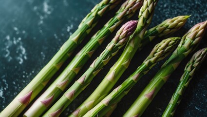 Fresh asparagus spears arranged on a dark surface with water droplets, highlighting the natural green color and tender tips.