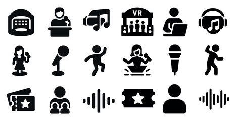Music and performance icons set &ndash; solid, filled, concert and audio symbols