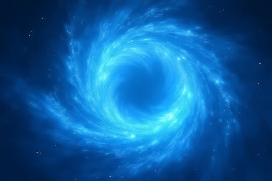 Abstract blue vortex with swirling energy and glowing particles in a dark space background with stars