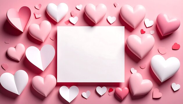 Pink hearts surround a blank white card