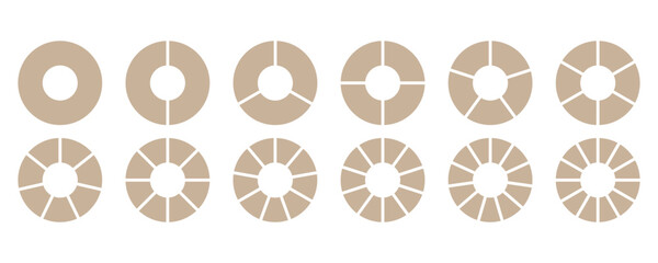 Pie chart set. Circles divided into parts from 1 to 24. round Business Financial Report. Colored pie chart set. circular shape sectors on white background. 