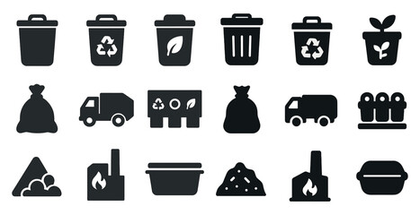 Waste management solid icons set &ndash; recycling, garbage, eco-friendly symbols