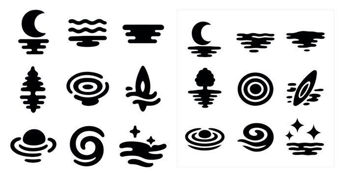 Nature and adventure silhouette icons set – filled, solid, outdoor and travel symbols