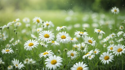 Fototapeta premium A field of daisies in bloom during daylight with green foliage and grass in the background.