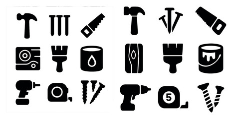 Fototapeta premium Construction tools solid icons set – filled, repair and diy equipment symbols