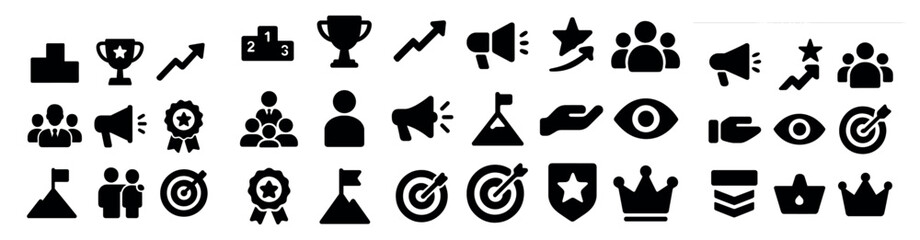 Business and marketing icons set – solid, filled, achievement and team symbols