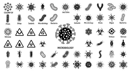 Virus icon set. Included icons as Colony of Bacteria, Bacteria, microbiology, biohazard, disease and more.black and white vector high resolution design
