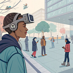 Young Man Wearing Virtual Reality Headset in Urban Street Scene

