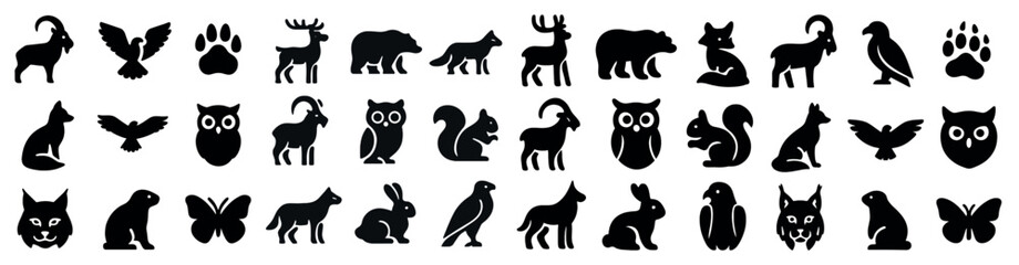 Wildlife silhouette icons set &ndash; solid, animal shapes, nature symbols