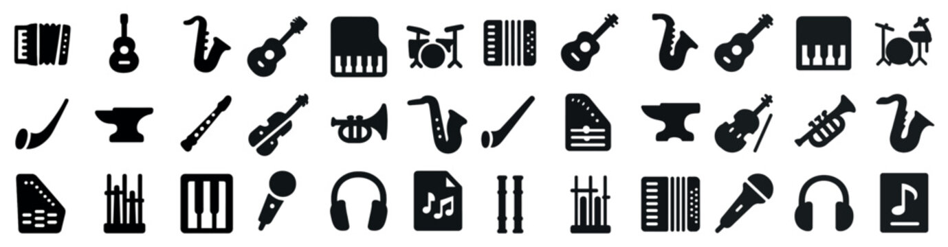 Music instruments silhouette icons set &ndash; solid, filled, musical symbol collection
