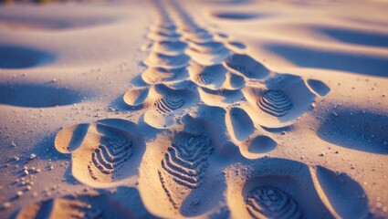 Obraz premium Footprints in the sand on a desert or beach surface during sunset or sunrise.