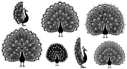 set of Black silhouette of a peacock with fully fanned feathers, elegant and detailed outline, tribal or vector style, high resolution, ornamental and graceful posture, isolated design."
