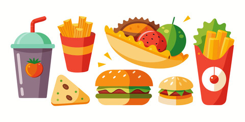 Fototapeta premium A vibrant vector collection of cartoon fast food icons, including burgers, pizza, hotdogs, and drinks, perfect for menus or snack illustrations